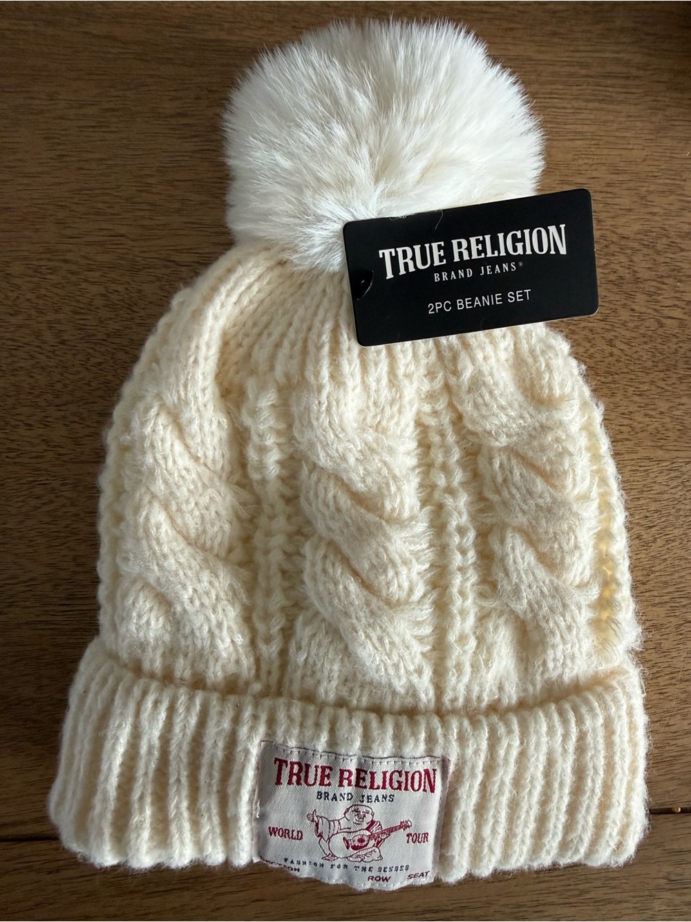 True Religion Kids Cream Cable Knit Beanie with Faux-Fur Pom